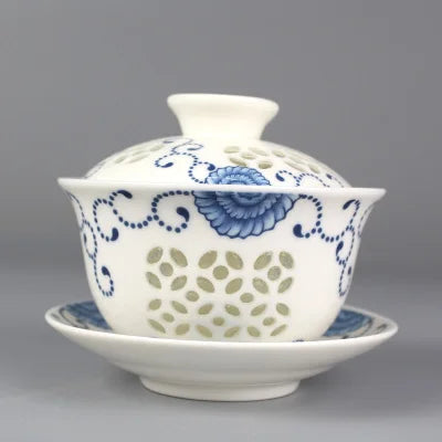on sales Chinese tureen porcelain cup bowl handpainted hollow-out design gaiwan ceramic covered bowls cup saucer with lid new
