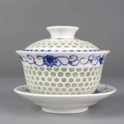 on sales Chinese tureen porcelain cup bowl handpainted hollow-out design gaiwan ceramic covered bowls cup saucer with lid new