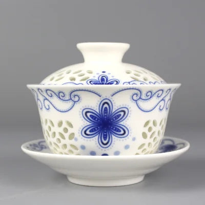 on sales Chinese tureen porcelain cup bowl handpainted hollow-out design gaiwan ceramic covered bowls cup saucer with lid new