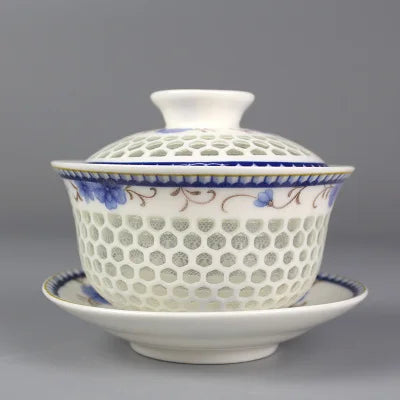 on sales Chinese tureen porcelain cup bowl handpainted hollow-out design gaiwan ceramic covered bowls cup saucer with lid new