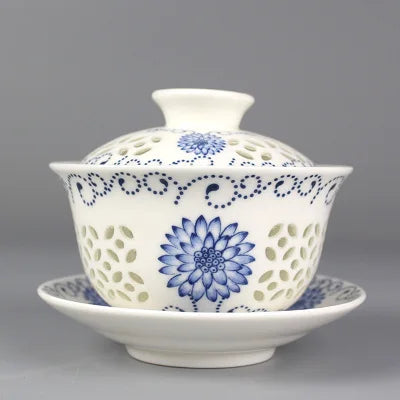 on sales Chinese tureen porcelain cup bowl handpainted hollow-out design gaiwan ceramic covered bowls cup saucer with lid new