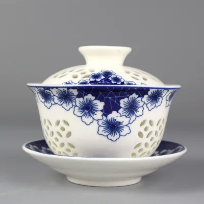 on sales Chinese tureen porcelain cup bowl handpainted hollow-out design gaiwan ceramic covered bowls cup saucer with lid new