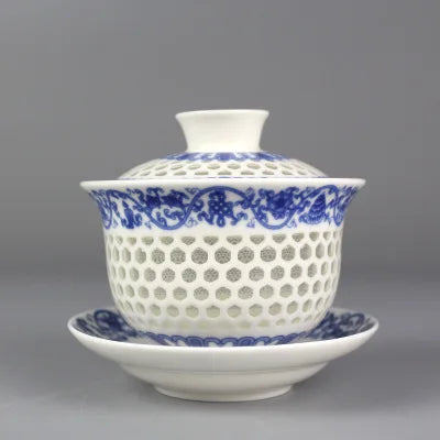 on sales Chinese tureen porcelain cup bowl handpainted hollow-out design gaiwan ceramic covered bowls cup saucer with lid new