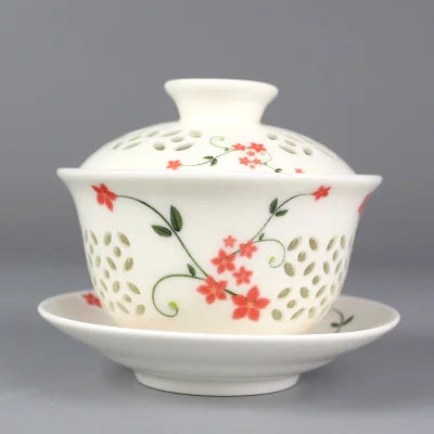 on sales Chinese tureen porcelain cup bowl handpainted hollow-out design gaiwan ceramic covered bowls cup saucer with lid new