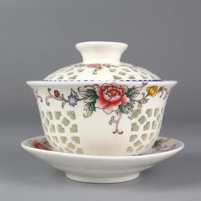 on sales Chinese tureen porcelain cup bowl handpainted hollow-out design gaiwan ceramic covered bowls cup saucer with lid new