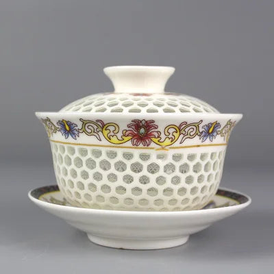 on sales Chinese tureen porcelain cup bowl handpainted hollow-out design gaiwan ceramic covered bowls cup saucer with lid new