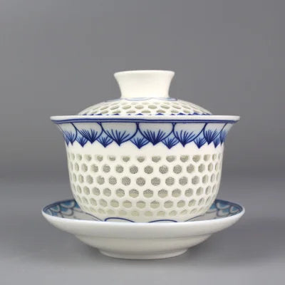 on sales Chinese tureen porcelain cup bowl handpainted hollow-out design gaiwan ceramic covered bowls cup saucer with lid new