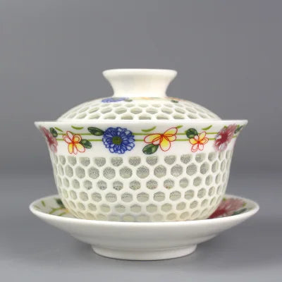 on sales Chinese tureen porcelain cup bowl handpainted hollow-out design gaiwan ceramic covered bowls cup saucer with lid new