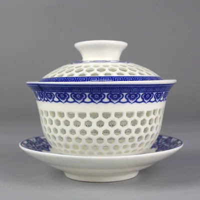 on sales Chinese tureen porcelain cup bowl handpainted hollow-out design gaiwan ceramic covered bowls cup saucer with lid new