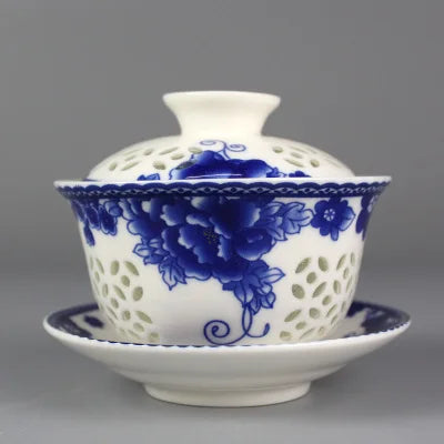 on sales Chinese tureen porcelain cup bowl handpainted hollow-out design gaiwan ceramic covered bowls cup saucer with lid new