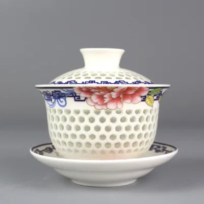 on sales Chinese tureen porcelain cup bowl handpainted hollow-out design gaiwan ceramic covered bowls cup saucer with lid new