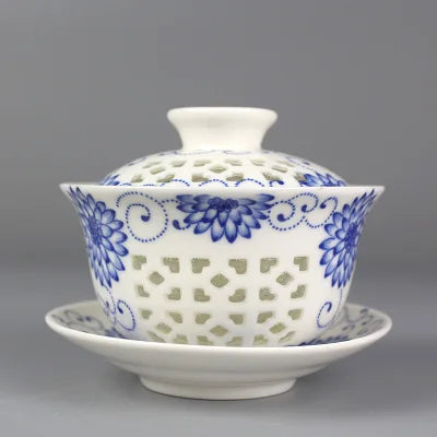 on sales Chinese tureen porcelain cup bowl handpainted hollow-out design gaiwan ceramic covered bowls cup saucer with lid new