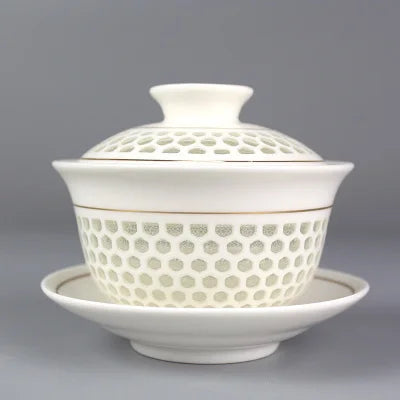 on sales Chinese tureen porcelain cup bowl handpainted hollow-out design gaiwan ceramic covered bowls cup saucer with lid new