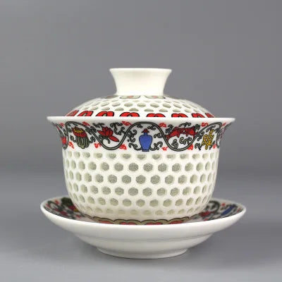 on sales Chinese tureen porcelain cup bowl handpainted hollow-out design gaiwan ceramic covered bowls cup saucer with lid new