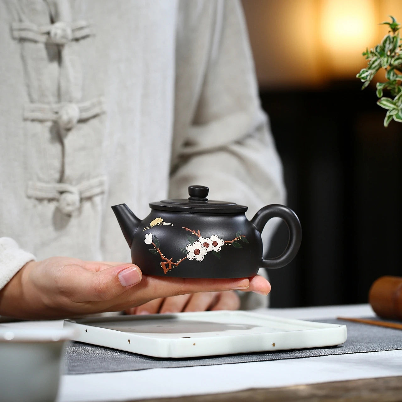 on sales handmade floral relief real yixing zisha black clay tea pot marked big opening 210ml master pots of tea