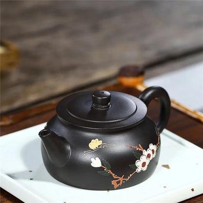 on sales handmade floral relief real yixing zisha black clay tea pot marked big opening 210ml master pots of tea