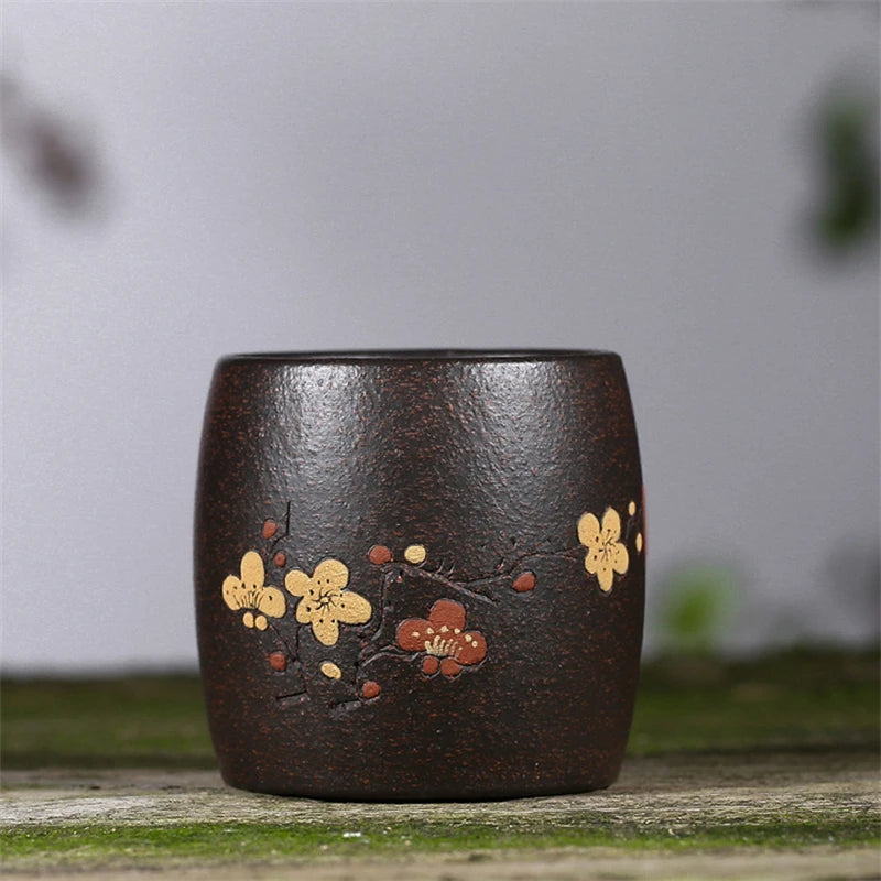 on sales master cup 100ml handmade carved wintersweet flower marked tea cup real yixing zisha black galaxy clay original ore cup