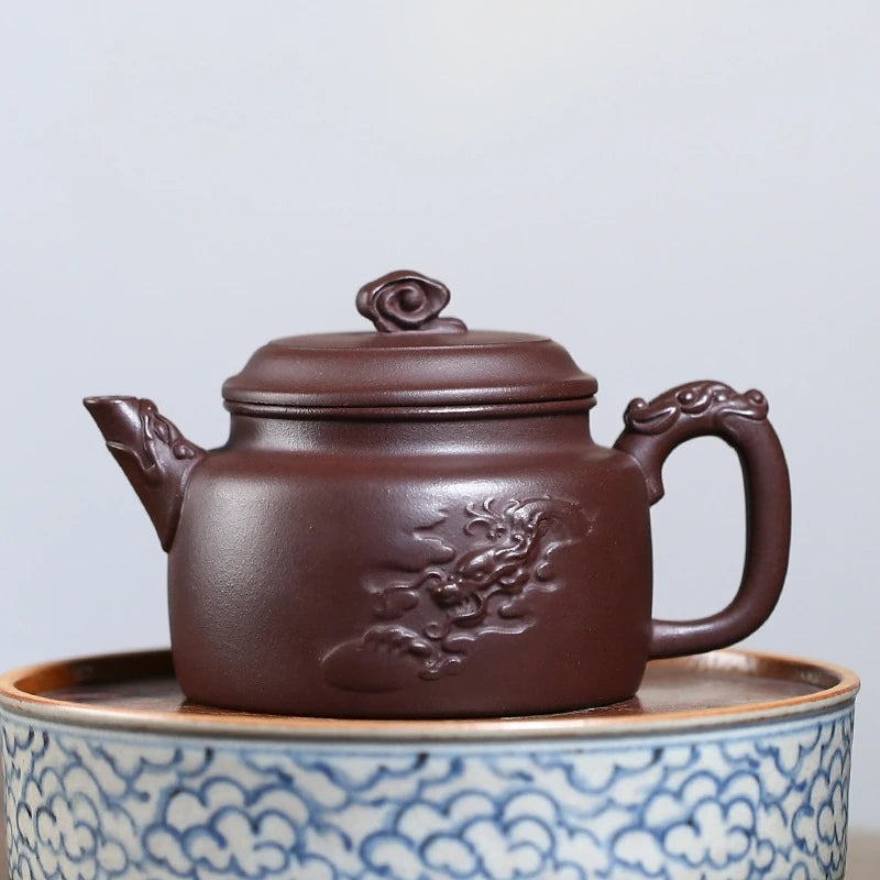 on sales real yixing zisha purple clay tea pot marked Chinese kungfu Dezhong pot 300ml handmade carved