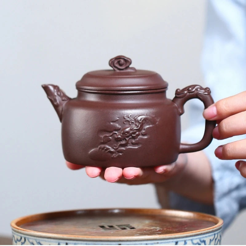 on sales real yixing zisha purple clay tea pot marked Chinese kungfu Dezhong pot 300ml handmade carved