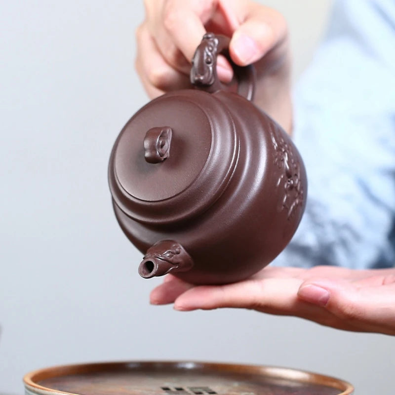 on sales real yixing zisha purple clay tea pot marked Chinese kungfu Dezhong pot 300ml handmade carved