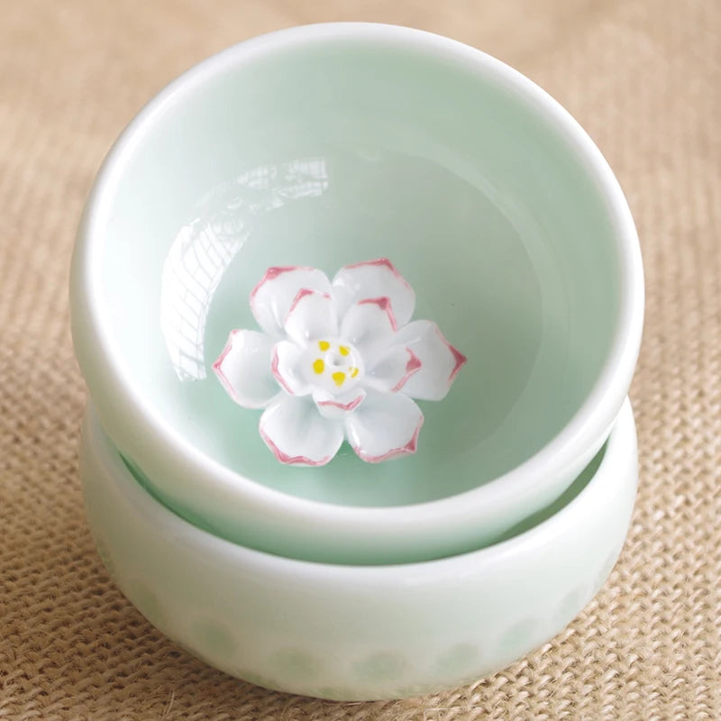 one cup porcelain longquan celadon Chinese kungfu tea cup creative lotus flower relief cup for Pu'er tea 50ml master cup of tea