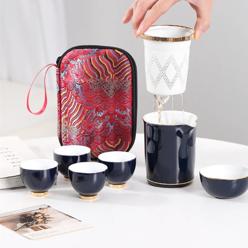 one pot + one infuser cup + four tea cups + one portable bag car travel tea set Chinese porcelain office cup with lid on sales