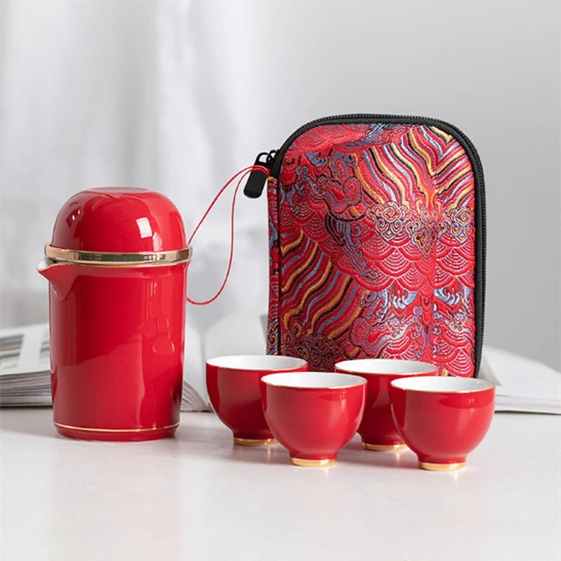 one pot + one infuser cup + four tea cups + one portable bag car travel tea set Chinese porcelain office cup with lid on sales