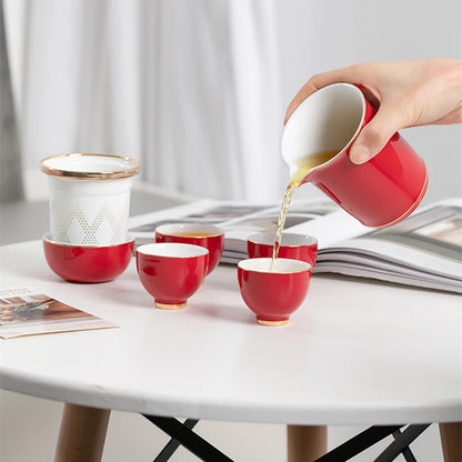 one pot + one infuser cup + four tea cups + one portable bag car travel tea set Chinese porcelain office cup with lid on sales