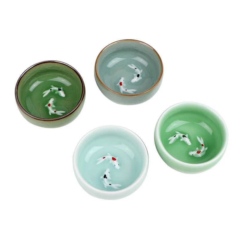 one tea cup longquan celadon porcelain fish relief carved kungfu cup of tea geyao crackle glaze master cup diyao craft in China