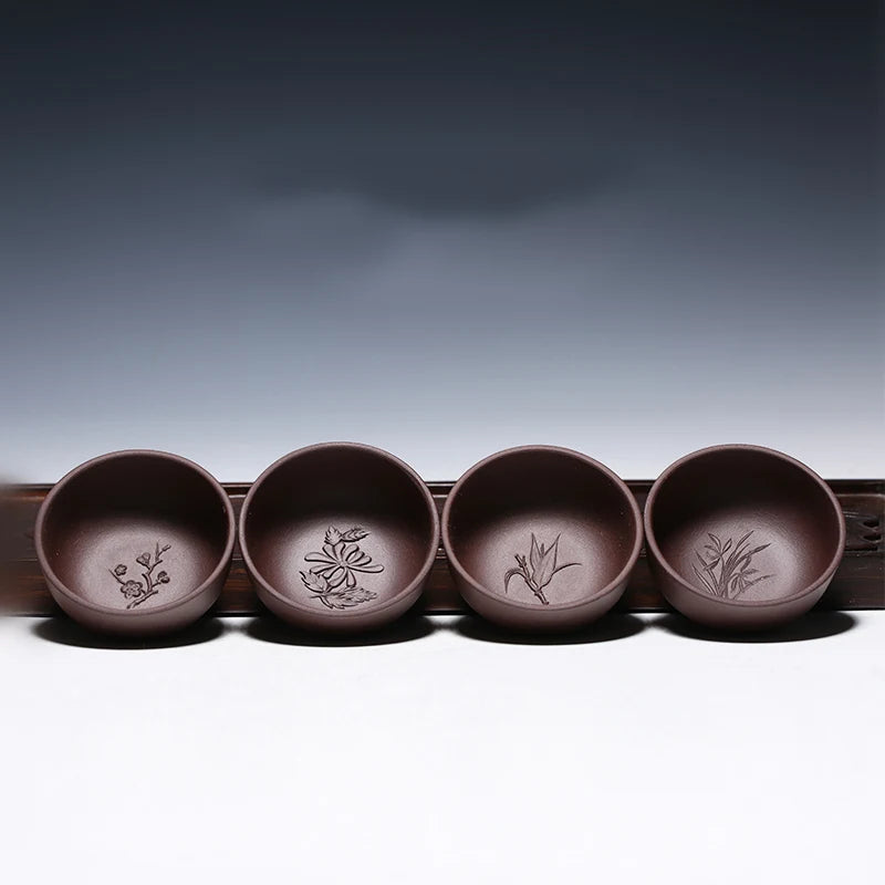 one tea cup real yixing zisha purple grit cup of tea handmade engraving bamboo wintersweet orchid Mum carved kungfu tea cups new
