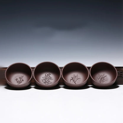 one tea cup real yixing zisha purple grit cup of tea handmade engraving bamboo wintersweet orchid Mum carved kungfu tea cups new