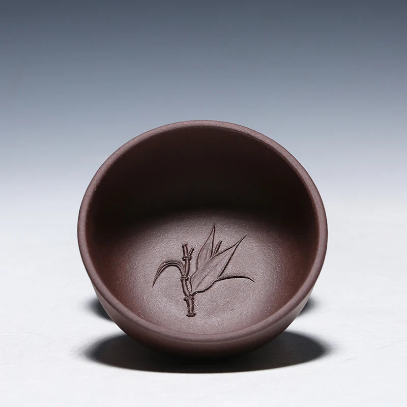 one tea cup real yixing zisha purple grit cup of tea handmade engraving bamboo wintersweet orchid Mum carved kungfu tea cups new