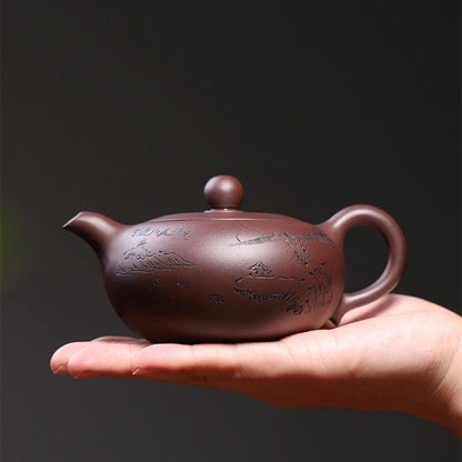 one tea pot with 4 matching tea cups ball shaped infuser holes hand carved true yixing zisha purple grit kungfu pot marked new