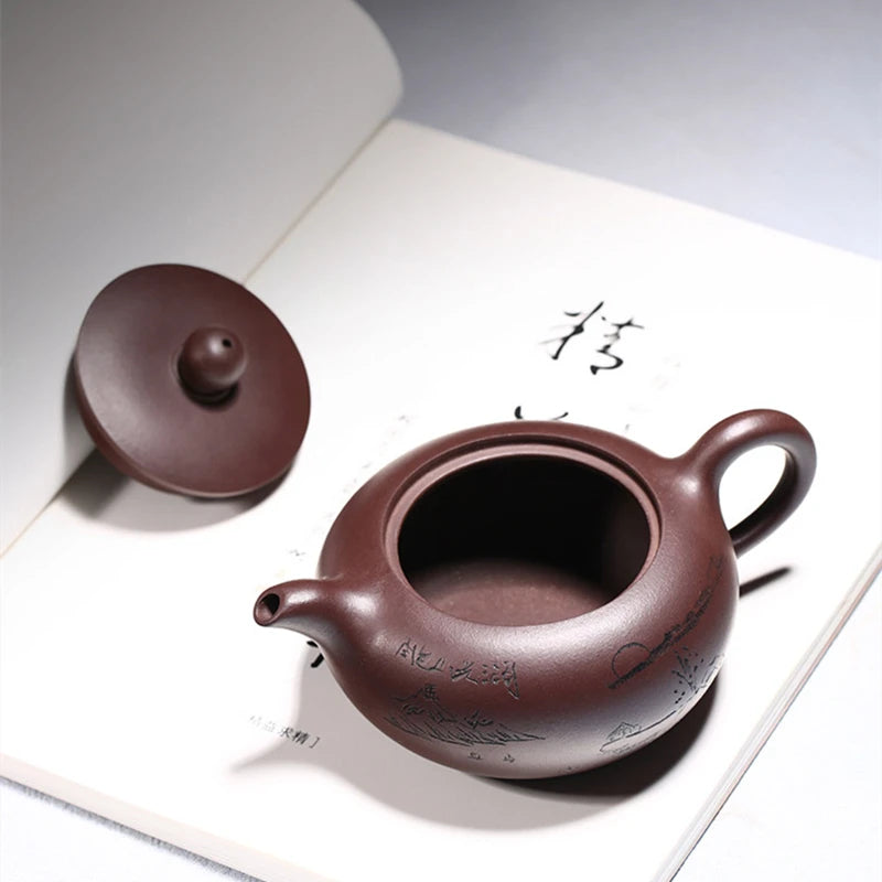 one tea pot with 4 matching tea cups ball shaped infuser holes hand carved true yixing zisha purple grit kungfu pot marked new