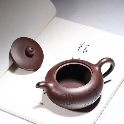 one tea pot with 4 matching tea cups ball shaped infuser holes hand carved true yixing zisha purple grit kungfu pot marked new