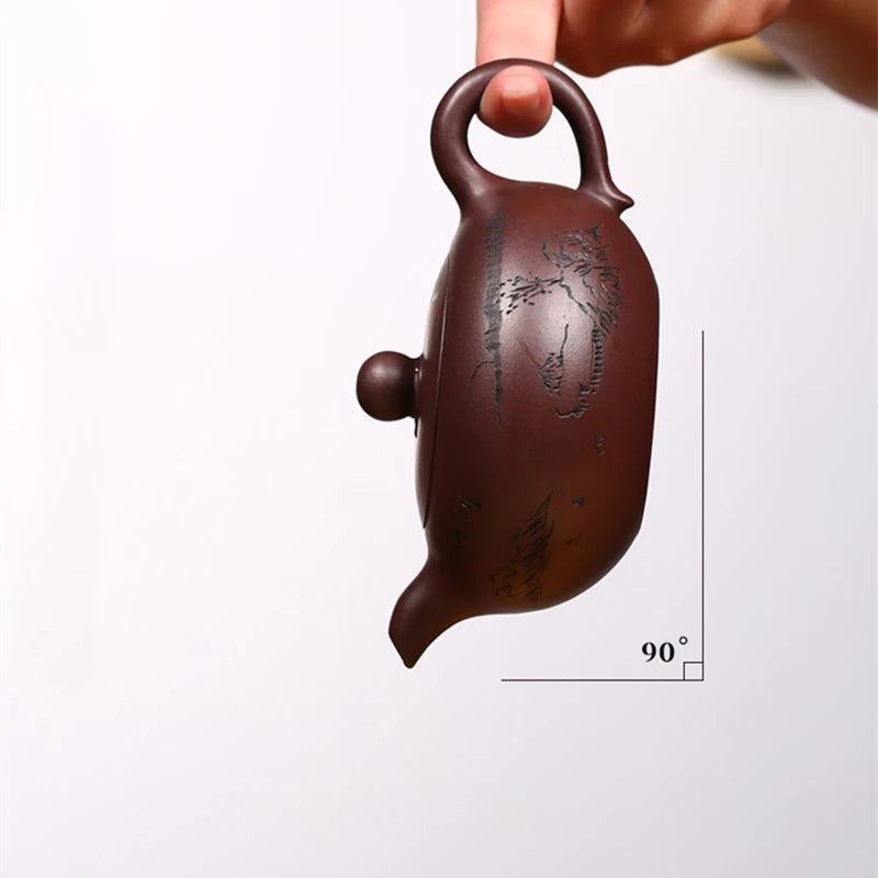 one tea pot with 4 matching tea cups ball shaped infuser holes hand carved true yixing zisha purple grit kungfu pot marked new