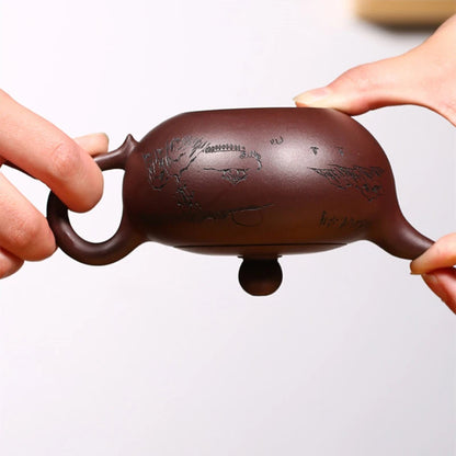 one tea pot with 4 matching tea cups ball shaped infuser holes hand carved true yixing zisha purple grit kungfu pot marked new