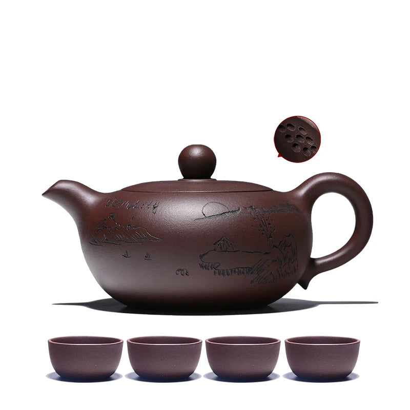 one tea pot with 4 matching tea cups ball shaped infuser holes hand carved true yixing zisha purple grit kungfu pot marked new