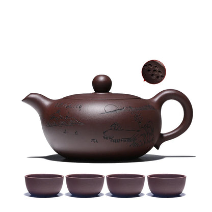 one tea pot with 4 matching tea cups ball shaped infuser holes hand carved true yixing zisha purple grit kungfu pot marked new