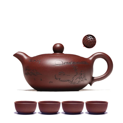 one tea pot with 4 matching tea cups ball shaped infuser holes hand carved true yixing zisha purple grit kungfu pot marked new
