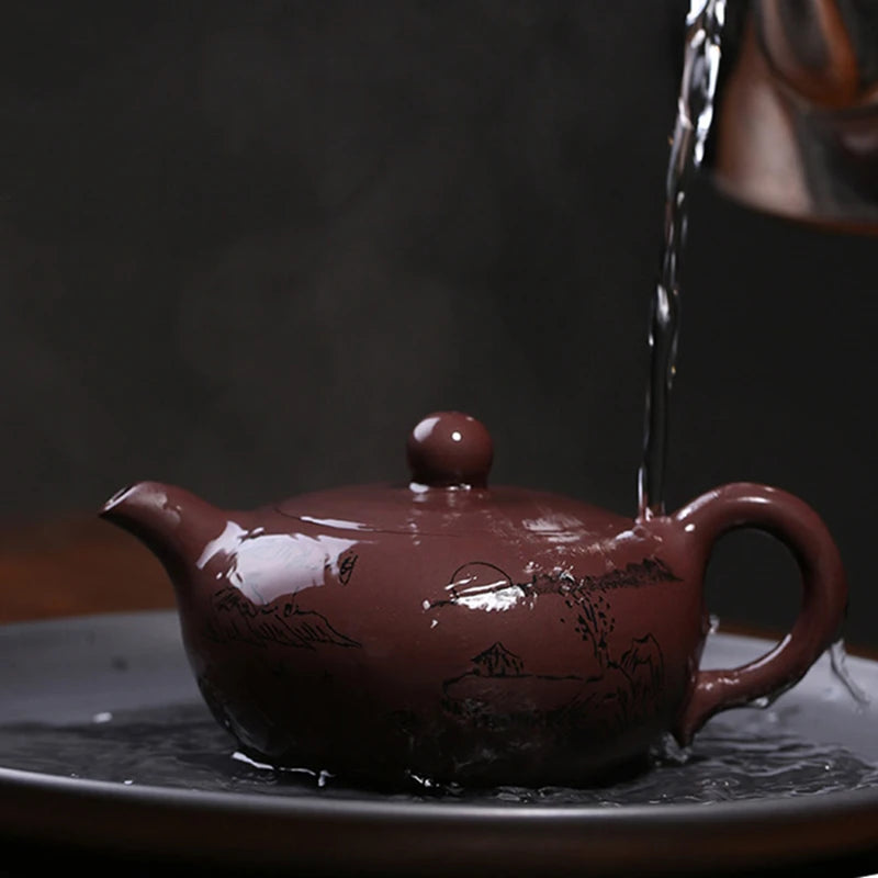one tea pot with 4 matching tea cups ball shaped infuser holes hand carved true yixing zisha purple grit kungfu pot marked new