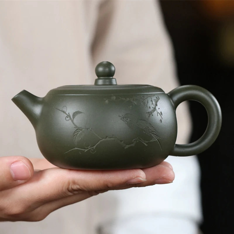 original ore green clay true yixing zisha tea pot marked bird Chinese character carved handmade traditional craft 200ml master