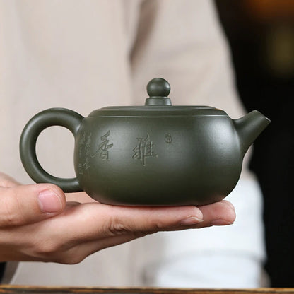 original ore green clay true yixing zisha tea pot marked bird Chinese character carved handmade traditional craft 200ml master