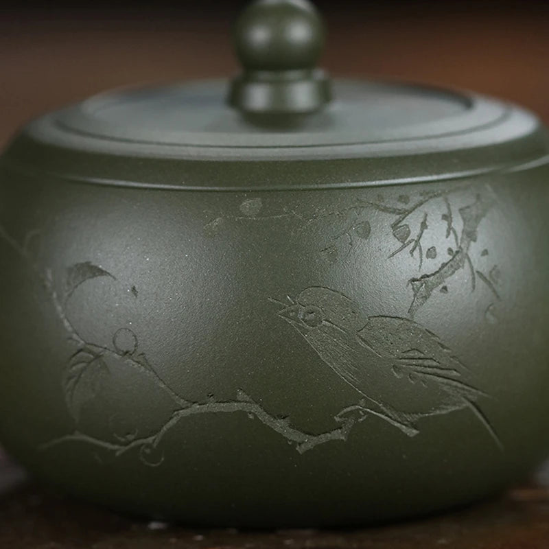 original ore green clay true yixing zisha tea pot marked bird Chinese character carved handmade traditional craft 200ml master