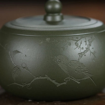 original ore green clay true yixing zisha tea pot marked bird Chinese character carved handmade traditional craft 200ml master