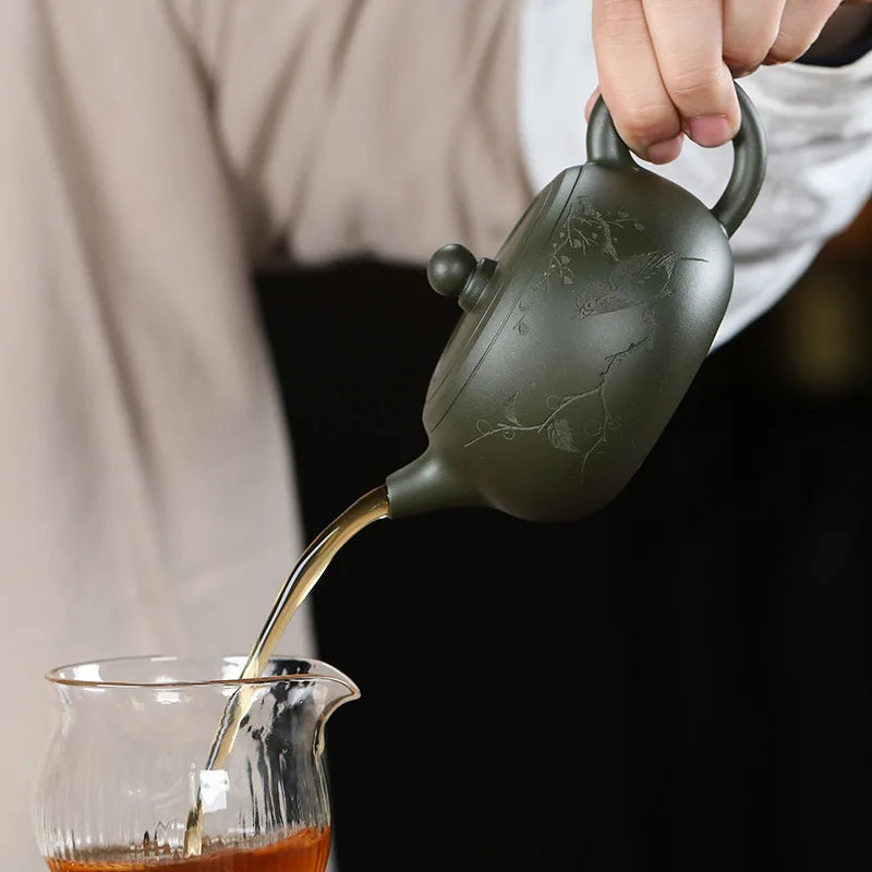 original ore green clay true yixing zisha tea pot marked bird Chinese character carved handmade traditional craft 200ml master