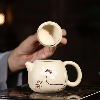 original ore real yixing zisha clay tea pot white duan grit floral relief master carved dragon egg shape design fish print pots