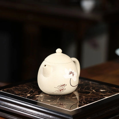 original ore real yixing zisha clay tea pot white duan grit floral relief master carved dragon egg shape design fish print pots