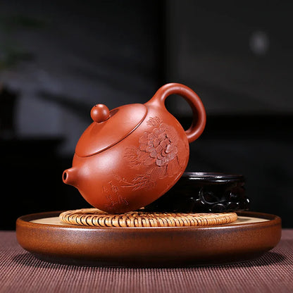 peony flower carved tea pot marked handmade xishi pot creative artful yixing zisha pot zhu clay Chinese kungfu pot of tea new