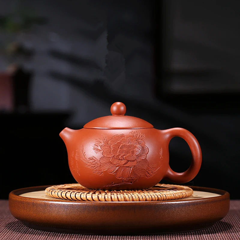 peony flower carved tea pot marked handmade xishi pot creative artful yixing zisha pot zhu clay Chinese kungfu pot of tea new